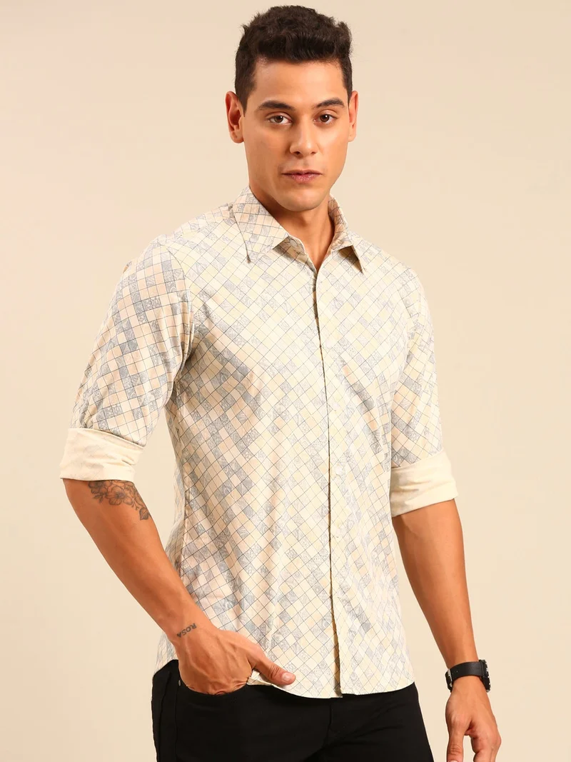 Joven Beige Printed Cotton Shirt for Men